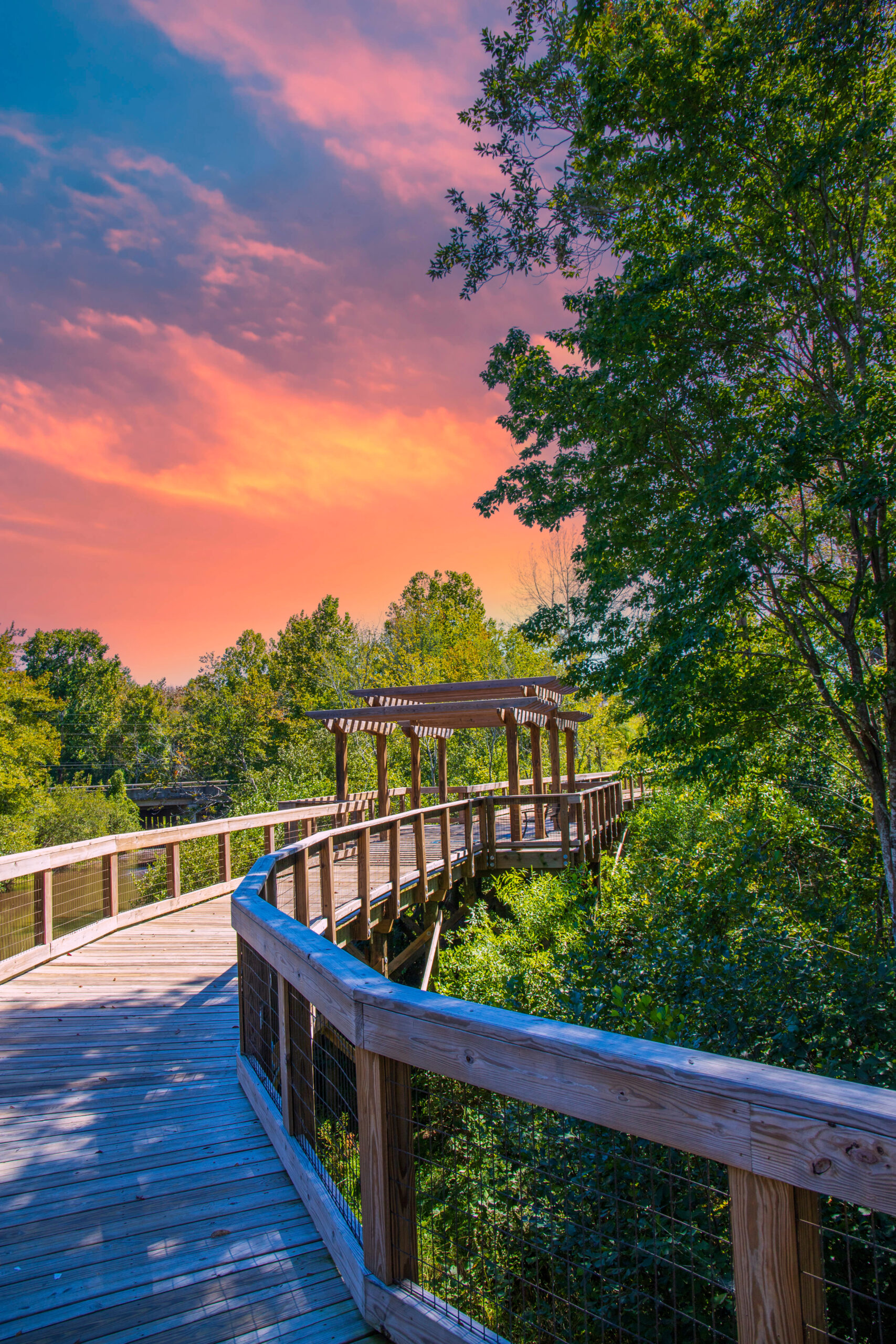 a long winding brown wooden bridge with a pergola over the Sandy Run Creek surrounded by lush green trees and plants with powerful clouds at sunset at The Walk at Sandy Run in Warner Robins Georgia